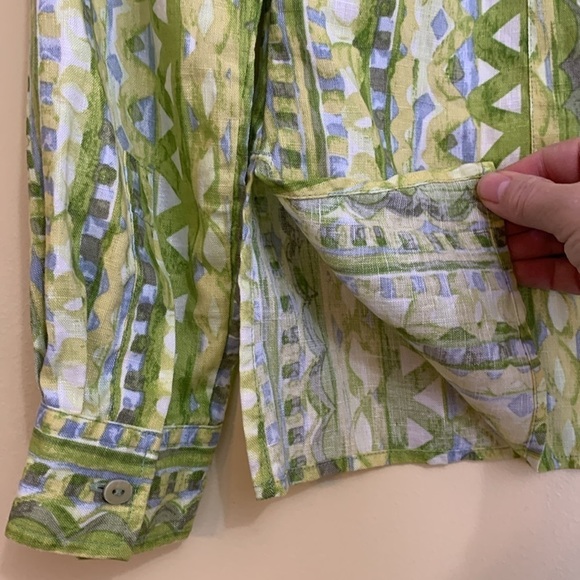 Sigrid Olsen | 100% Linen Green White Mixed Print Button Down Collared Shirt XS - Picture 13 of 17